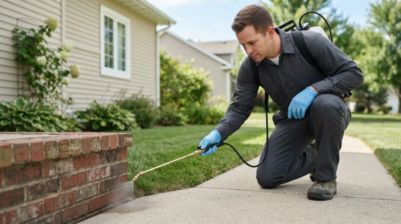 Pest control technician treating a home near Gates Mills, OH